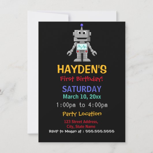 Leuke Robot Eerste Verjaardagsfeest Uitnodiging (Voorkant)