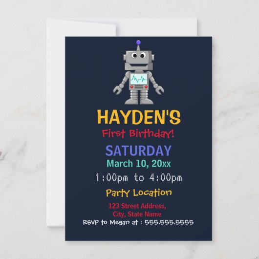 Leuke Robot Eerste Verjaardagsfeest Uitnodiging (Voorkant)