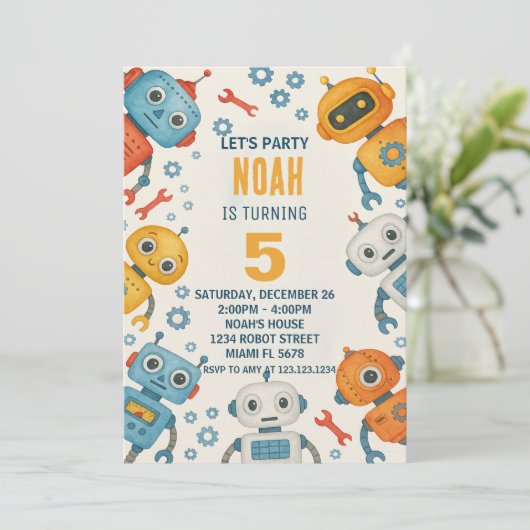 Leuke Robot Verjaardag Uitnodiging voor Kinderen (Staand voorkant)