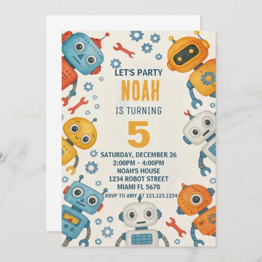 Leuke Robot Verjaardag Uitnodiging voor Kinderen (Voorkant / Achterkant)
