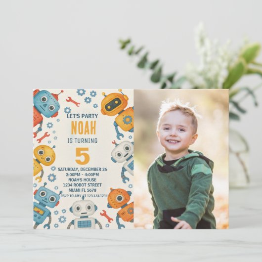 Leuke Robot Verjaardag Uitnodiging voor Kinderen m (Staand voorkant)