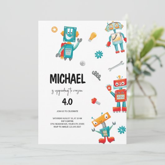 Leuke Robots Verjaardagsuitnodiging  Kaart (Staand voorkant)