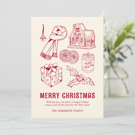 Leuke Rode Doodle Niet-Foto Kerstmis Feestdagenkaart (Staand voorkant)