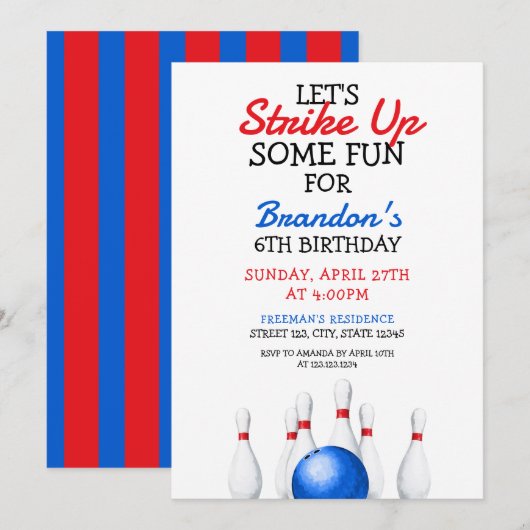 Leuke rode en blauwe Bowling Kids Verjaardag Kaart (Voorkant / Achterkant)