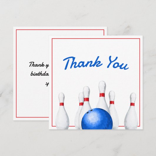Leuke rode en blauwe bowling kinderverjaardag bedankkaart (Voorkant / Achterkant)