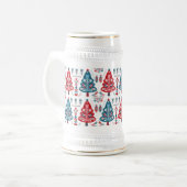 Leuke rode en blauwe kerstboom Nordic Pattern Bierpul (Voorkant links)