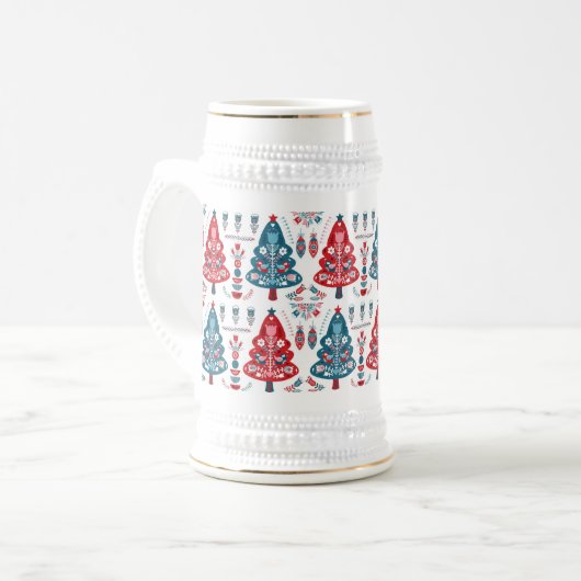 Leuke rode en blauwe kerstboom Nordic Pattern Bierpul (Voorkant links)