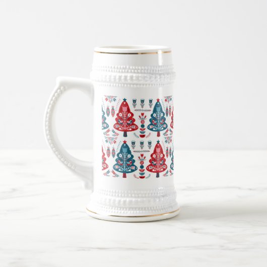 Leuke rode en blauwe kerstboom Nordic Pattern Bierpul (Links)