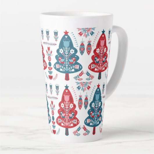Leuke rode en blauwe kerstboom Nordic Pattern Latte Mok (Rechterhoek)
