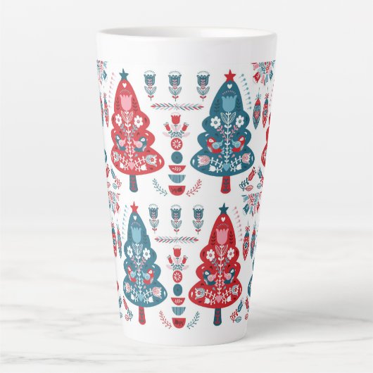 Leuke rode en blauwe kerstboom Nordic Pattern Latte Mok (Voorkant)