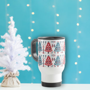 Leuke rode en blauwe kerstboom Nordic Pattern Reisbeker