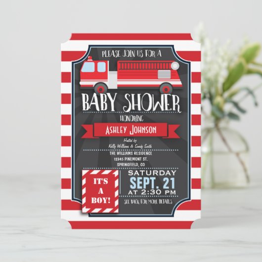 Leuke, rode en witte Fire Truck Boy Baby shower Kaart (Staand voorkant)