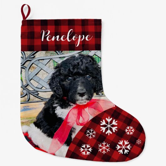 Leuke rode geruite aangepaste hondennaam grote kerstsok (Voorkant)