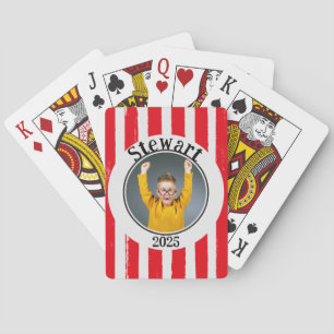 Leuke rode gestreepte familie foto naam jaar pokerkaarten