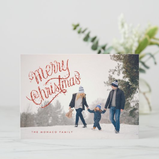 Leuke rode glitter vrolijke kerst foto vakantie Ka Feestdagenkaart (Staand voorkant)