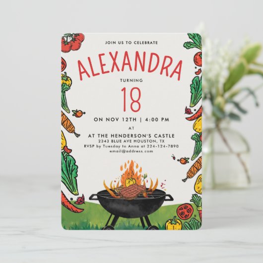 Leuke rode groene achtertuin grill steak veggie pi kaart (Staand voorkant)