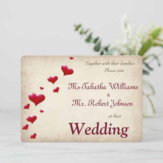 Leuke rode harten afdrukken bruiloft uitnodiging (Staand voorkant)