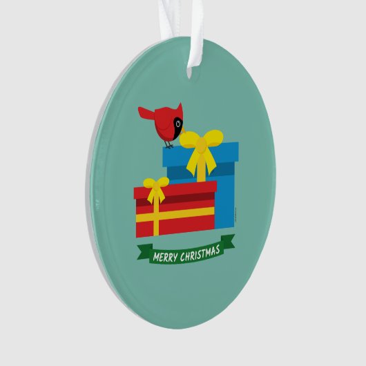 Leuke rode kardinaal die een blauw cadeau opent ornament (voorkant)