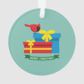 Leuke rode kardinaal die een blauw cadeau opent ornament (achterkant)