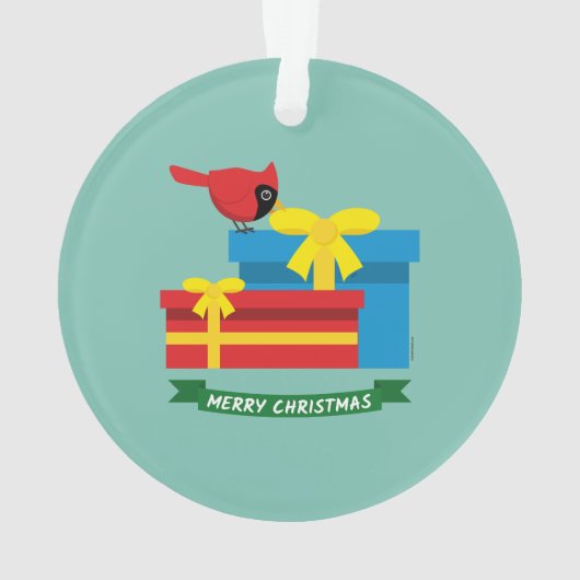 Leuke rode kardinaal die een blauw cadeau opent ornament (achterkant)