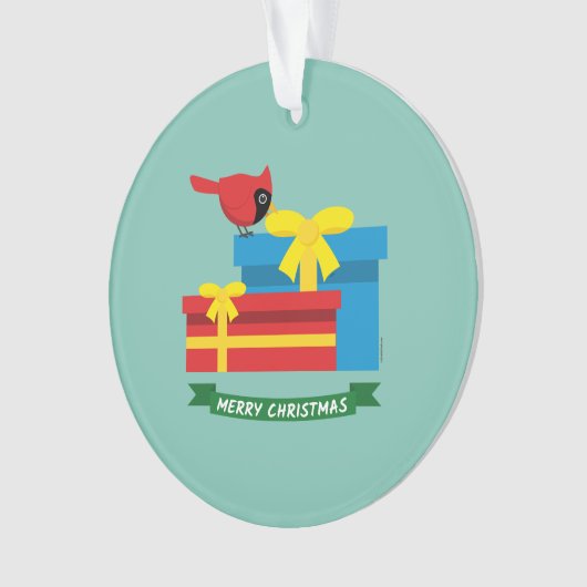 Leuke rode kardinaal die een blauw cadeau opent ornament (voorkant)