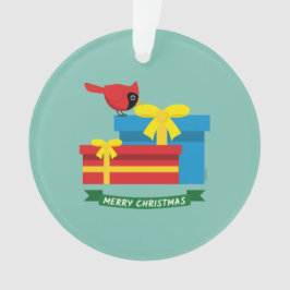 Leuke rode kardinaal die een blauw cadeau opent ornament