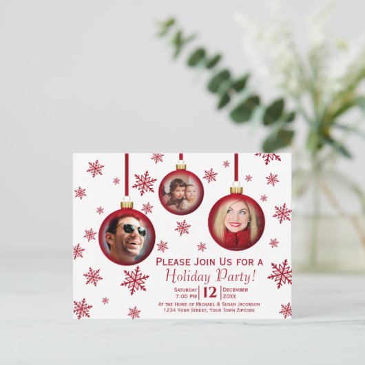 Leuke rode kerstballen 3 foto feestdag uitnodiging briefkaart (Staand voorkant)