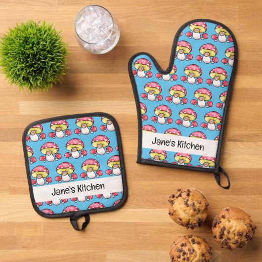 Leuke rode paddenstoel (naam) ovenwant & pannenlap set (Top down)