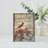 Leuke rode vogel & vintage muziekblad briefkaart (Staand voorkant)