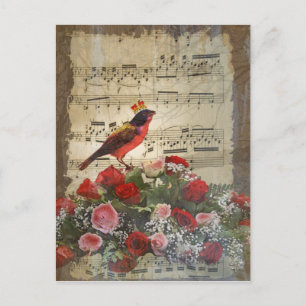 Leuke rode vogel & vintage muziekblad briefkaart