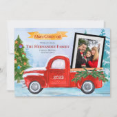 Leuke  Rode Vrachtwagen Familie 2 Foto Kerstmis Feestdagenkaart (Voorkant)