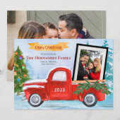 Leuke  Rode Vrachtwagen Familie 2 Foto Kerstmis Feestdagenkaart (Voorkant / Achterkant)