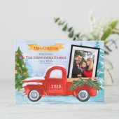 Leuke  Rode Vrachtwagen Familie 2 Foto Kerstmis Feestdagenkaart (Staand voorkant)