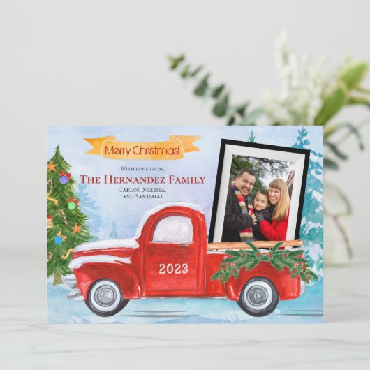 Leuke  Rode Vrachtwagen Familie 2 Foto Kerstmis Feestdagenkaart (Staand voorkant)