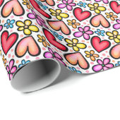 Leuke rode zalm harten en kleurrijke bloemen cadeaupapier (Rol Hoek)