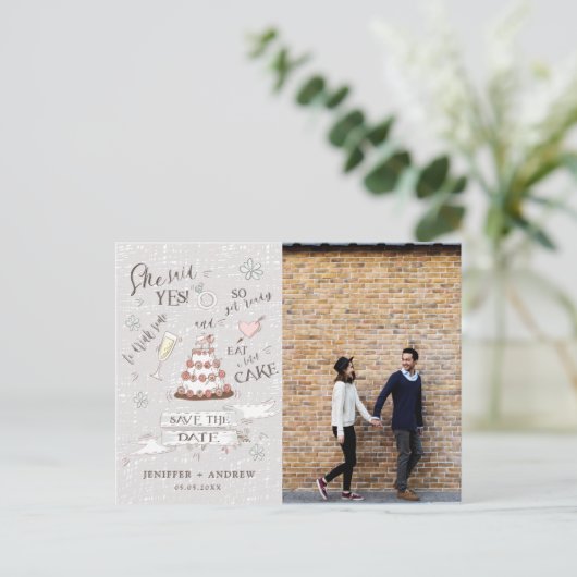 Leuke romantische doodle Foto Save The Date Briefkaart (Staand voorkant)