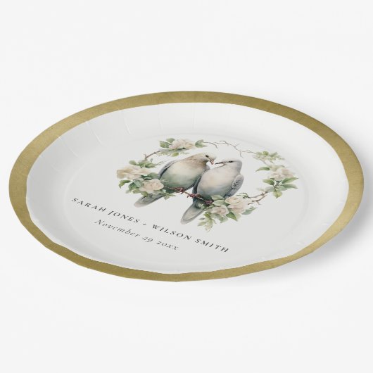 Leuke romantische Tortelduifjes Botanische krans b Papieren Bordje (Gekanteld)