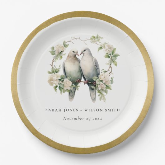 Leuke romantische Tortelduifjes Botanische krans b Papieren Bordje (Voorkant)