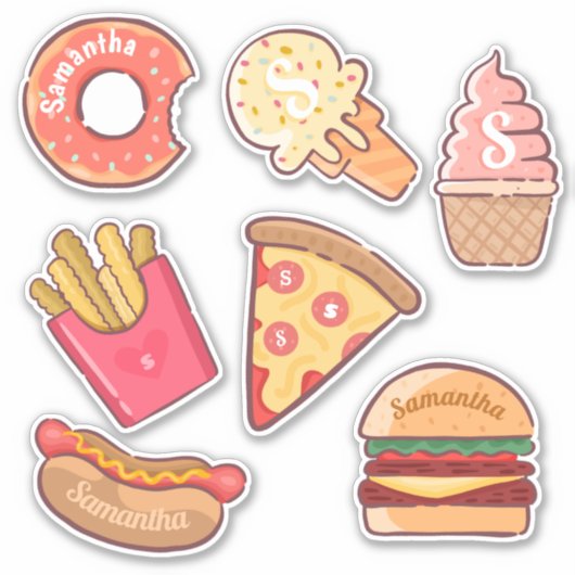 Leuke rommel junkfood strips naam & monogram op ma sticker (Voorkant)