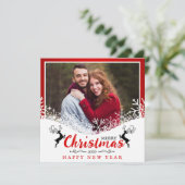 Leuke Rood & Wit Sneeuwvlokken Man en Vrouw Foto Feestdagenkaart (Staand voorkant)