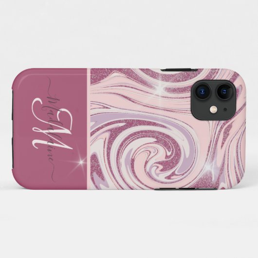 Leuke Roos Gouden Glitter Monogram iPhone Case (Achterkant (horizontaal))