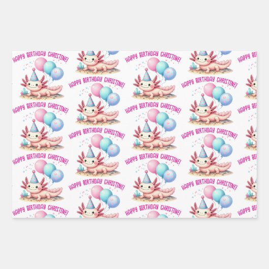 Leuke roze axolotl verjaardagsfeest inpakpapier vel (Voorkant 3)