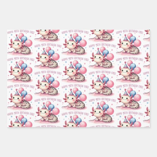 Leuke roze axolotl verjaardagsfeest inpakpapier vel (Voorkant 2)
