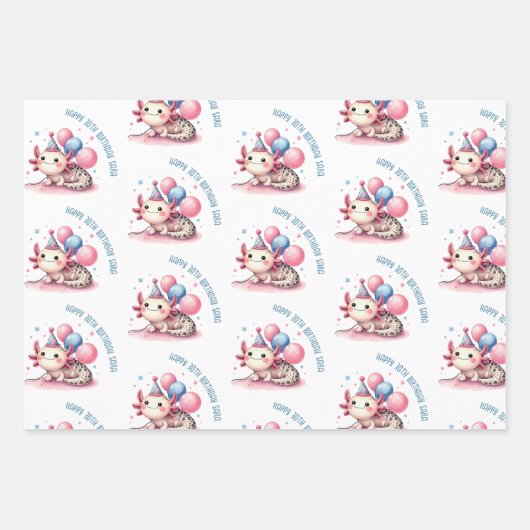 Leuke roze axolotl verjaardagsfeest inpakpapier vel (Voorkant)