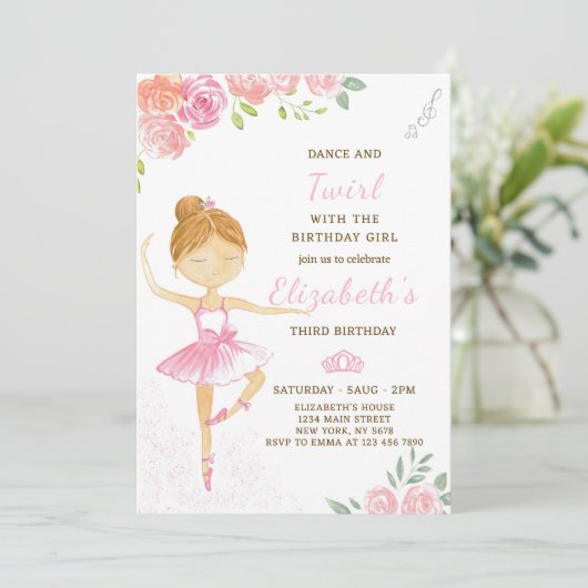 Leuke roze ballerina verjaardag uitnodiging (Staand voorkant)