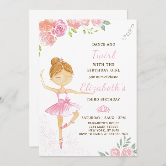 Leuke roze ballerina verjaardag uitnodiging (Voorkant / Achterkant)