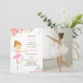 Leuke roze ballerina verjaardag uitnodiging met fo (Staand voorkant)