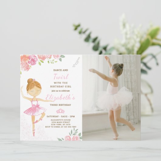 Leuke roze ballerina verjaardag uitnodiging met fo (Staand voorkant)