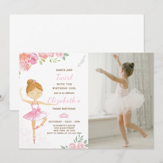 Leuke roze ballerina verjaardag uitnodiging met fo (Voorkant / Achterkant)