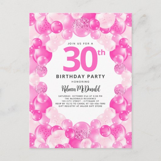 Leuke roze ballonnen Faux Glitter 30ste verjaardag Uitnodiging Briefkaart (Voorkant)